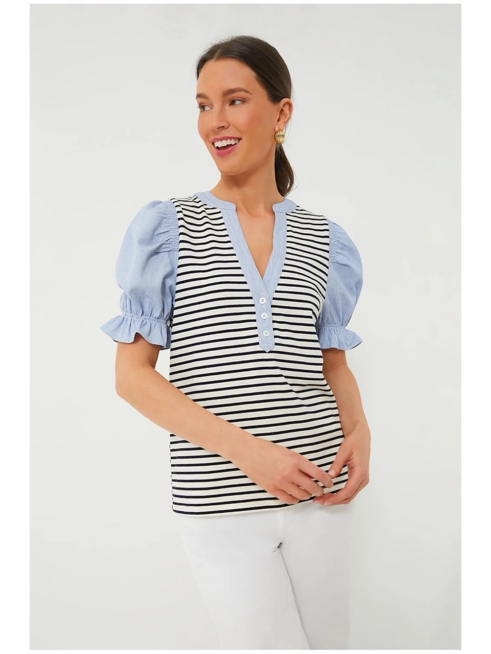 Tuckernuck Pomander Place Women’s Sz M Puff Sleeve Top Livia Navy Stripe